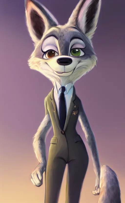 Image similar to oil painting of detailed full body of anthromorphic female wolf, in style of zootopia, zootopia, zootopia, fursona, furry, furaffinity, 4 k, deviantart, furry art, fursona art, wearing black business suit, business suit, in style of zootopia, wolf fursona, cyberpunk, female, expressive detailed feminine face,