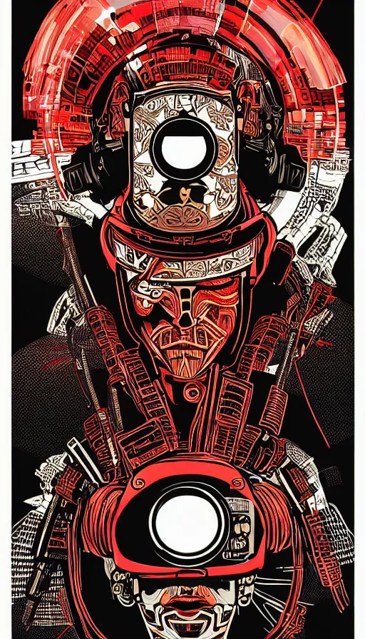 Image similar to Illustrated by Shepard Fairey and H.R. Geiger | Cyberpunk Samurai with VR helmet, surrounded by cables