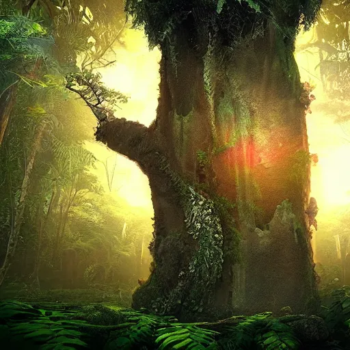 Prompt: ominous, portal to another dimension embedded in a beautiful tree in a densely overgrown jungle, fantasy, dreamlike sunrise volumetric lighting, ultra realistic, atmospheric, stopped in time, epic