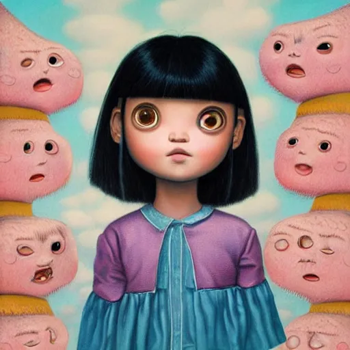 Prompt: portrait of real girl dora the explorer standing sulking,painted by and mark ryden and hikari shimoda, lowbrow pop surrealism