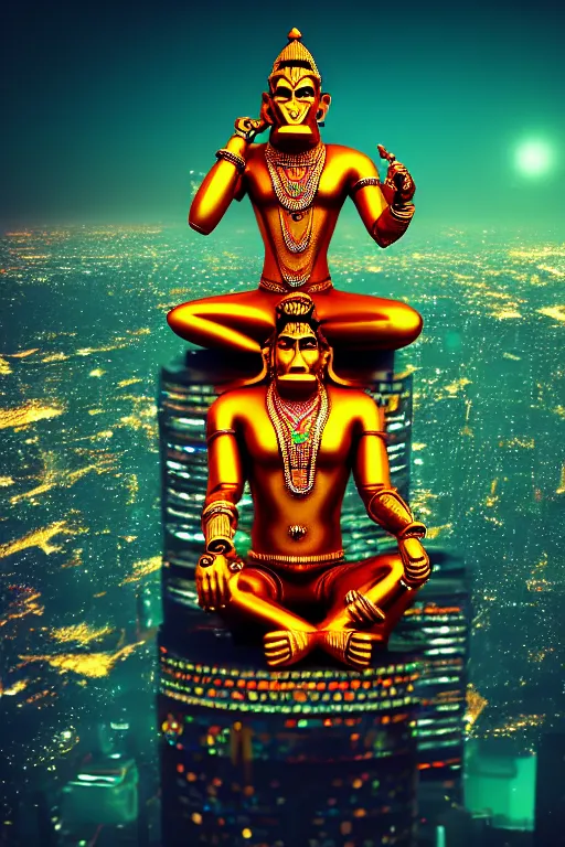 Image similar to high quality 3 d render colorful cyborg! hanuman sitting, gold madhubani, highly detailed, cyberpunk!! mumbai in the background, vray cinematic smooth, blade runner, moody light, low angle, uhd 8 k, sharp focus