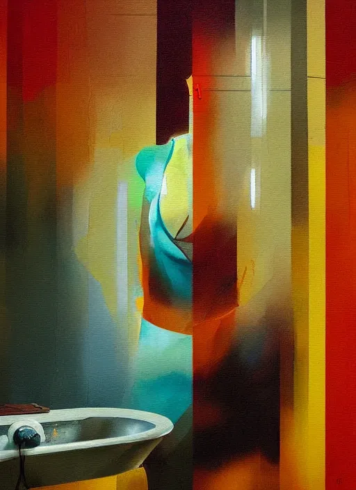 Image similar to a beautiful glitched painting by christian hook and alex kanevsky of a woman in a bathroom, still life, warm colors