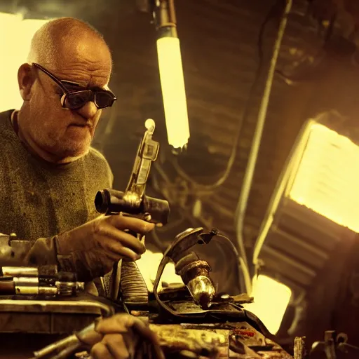 Image similar to half rusted old egg beater half stun - gun, balding older cyborg repairing, red hot soldering iron, dark messy smoke - filled cluttered workshop, dark, dramatic lighting, orange tint, cinematic, highly detailed, sci - fi, futuristic, movie still from blade runner