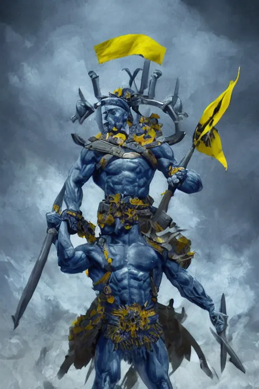 Image similar to a distant shot of a Ukrainian super soldier with blue and yellow flag behind him and a trident symbol on the chest standing alone on a huge pile of skulls posing as a winner, masculine muscular figure, D&D, fantasy, intricate, elegant, highly detailed, extremely detailed, digital painting, artstation, concept art, matte, smooth, sharp focus, illustration, art by Artgerm and Greg Rutkowski and Alphonse Mucha