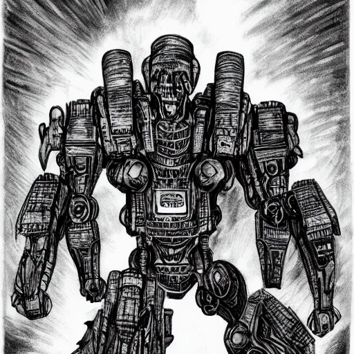 Image similar to a scary horror themed mecha, drawn with charcoal and pen and ink, half-tone-line-stacking