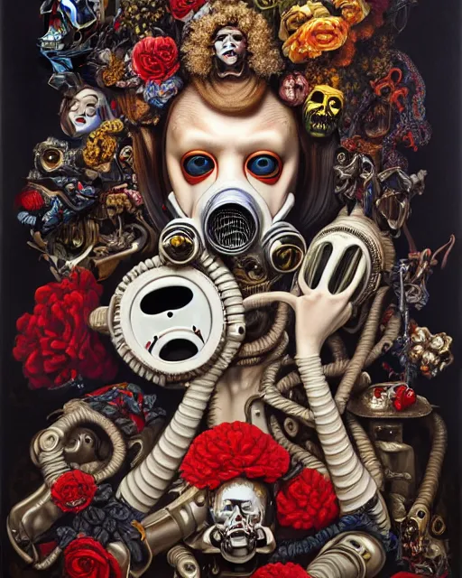 Prompt: a maximalist portrait a with large lips and with large eyes, expressive, deformed face, wearing a bone gas mask, baroque by ayami kojima, greg hildebrandt, mark ryden, hauntingly surreal, highly detailed painting by, james jean and jenny saville, soft light 4 k