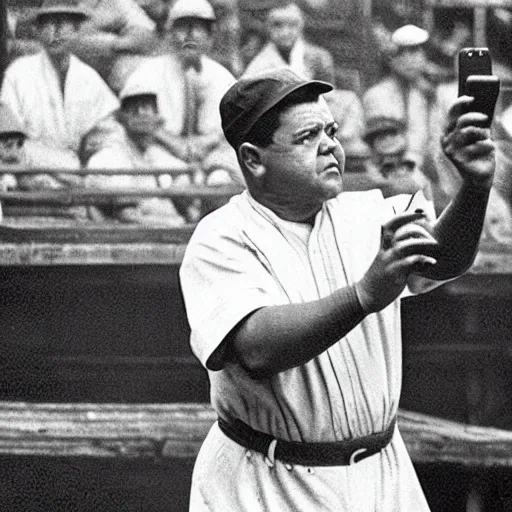 Image similar to a black and white still image of Babe Ruth taking a selfie.