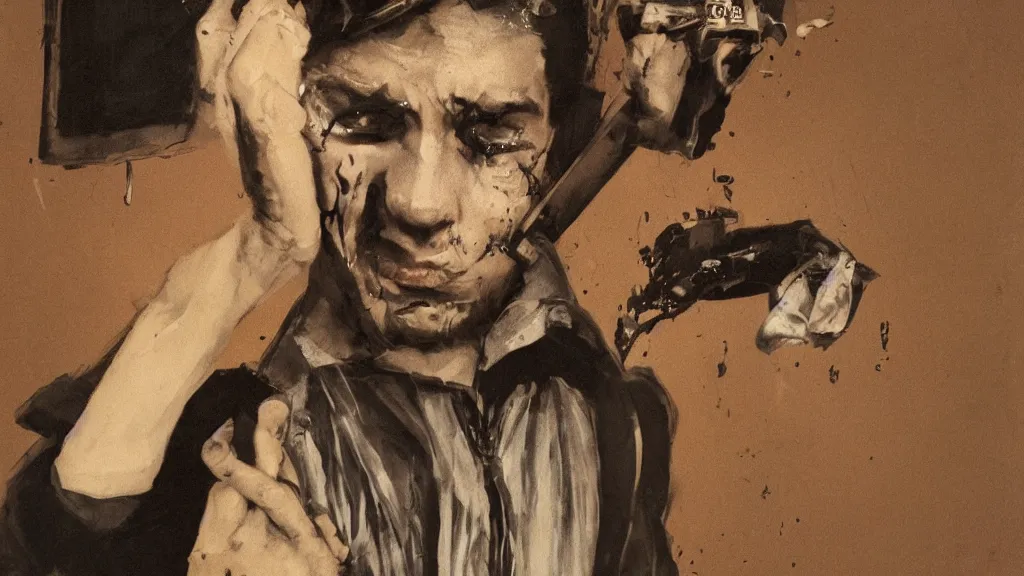 Image similar to decopunk legitimate portrait of a crying young dude 3 2 years old, with violence
