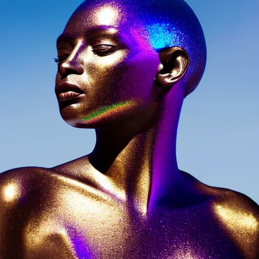 Prompt: portrait of iridescent metallic face, african woman, mirror reflections, proud looking, outdoor, nature, blue sky, 8 k, realistic, depth of field, highly detailed, art photography
