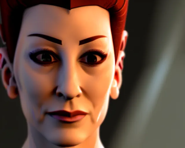 Image similar to hyper realistic photograph of the young bajoran kira nerys from star trek, three quarter shot, medium shot, f 1. 4, 3 5 mm, unreal engine