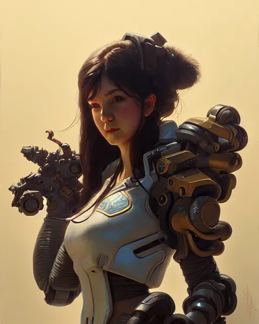 Image similar to d. va from overwatch, character portrait, concept art, intricate details, highly detailed by greg rutkowski, michael whelan and gustave dore