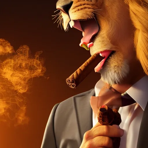 Image similar to a lion smoking a cigar wearing a suit, subject= lion, subject detail: wearing a suit, subject action: smoking a cigar, dramatic lighting, cinematic lighting, establishing shot, photorealistic, high details, cinematic, 8k resolution, extremly detailed, photorealistic, artstation, unreal engine