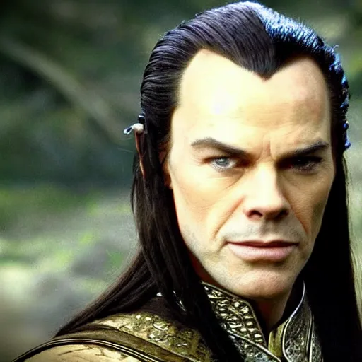 Prompt: The face of Elrond was ageless, neither old nor young, though in it was written the memory of many things both glad and sorrowful. His hair was dark as the shadows of twilight, and upon it was set a circlet of silver; his eyes were grey as a clear evening, and in them was a light like the light of stars. Fantasy illustration, high resolution, 4K, trending on artstation, dreamlike, artist portfolio