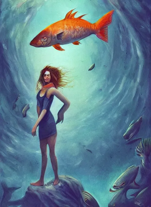 Prompt: fantasy art, animal conceptual artwork, woman with giant fish, surreal painting, illustration dream and imagination concept, mystery of nature,