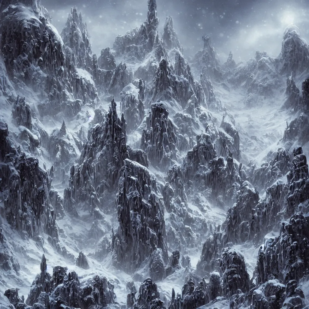 Prompt: deserted frozen ancient alien cityscape in the mountains of antarctica, upward cinematic angle, by p. craig russell, rodney matthews, frank frazetta and michael kaluta, fantasy art, snowy atmosphere, heavy winter aesthetics, stunning composition, alien faces, monstrous behemoth statues of animal gods, intricate, strange, elegant, digital art, hyperdetailed, colorful hyperrealism, brilliant photorealism, masterpiece, 8k