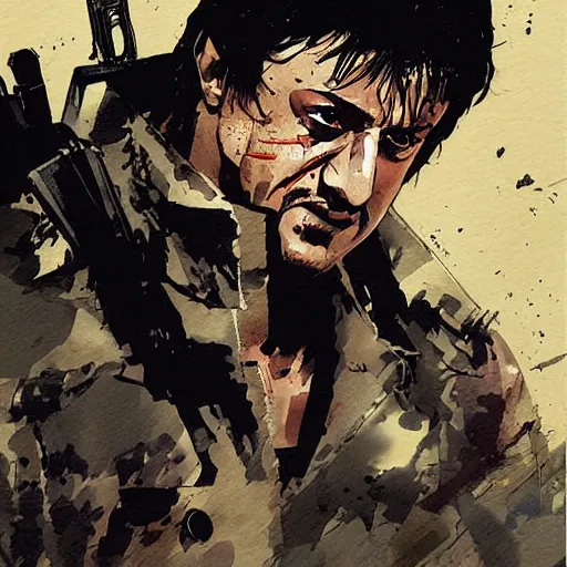 Prompt: an illustration of Stallone as Rambo by Yoji Shinkawa and Ashley Wood