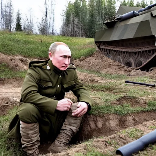 Prompt: Putin is sitting in the trenches and defending himself from Ukrainian troops, household style
