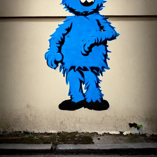 Prompt: Cookie monster graffiti by Banksy