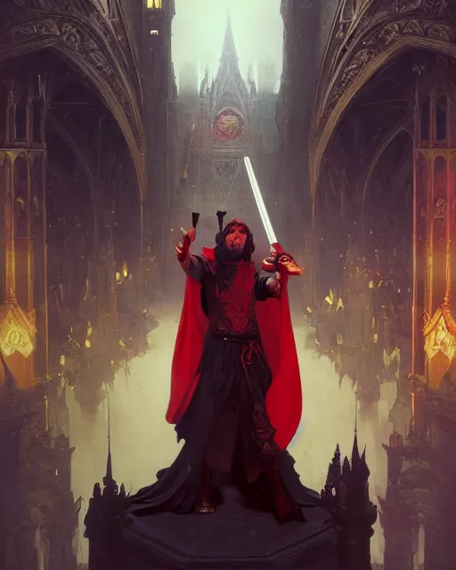 Prompt: A Full View of a Red Wizard with a sword and staff, surrounded by energy in front of a gothic tower. masterpiece 4k digital illustration by Ruan Jia and Mandy Jurgens and Artgerm and greg rutkowski and Alexander Tsaruk and WLOP and william-adolphe bouguereau, award winning, Artstation, art nouveau aesthetic, Alphonse Mucha background, intricate details, realistic, panoramic view, Hyperdetailed, 8k resolution, intricate art nouveau