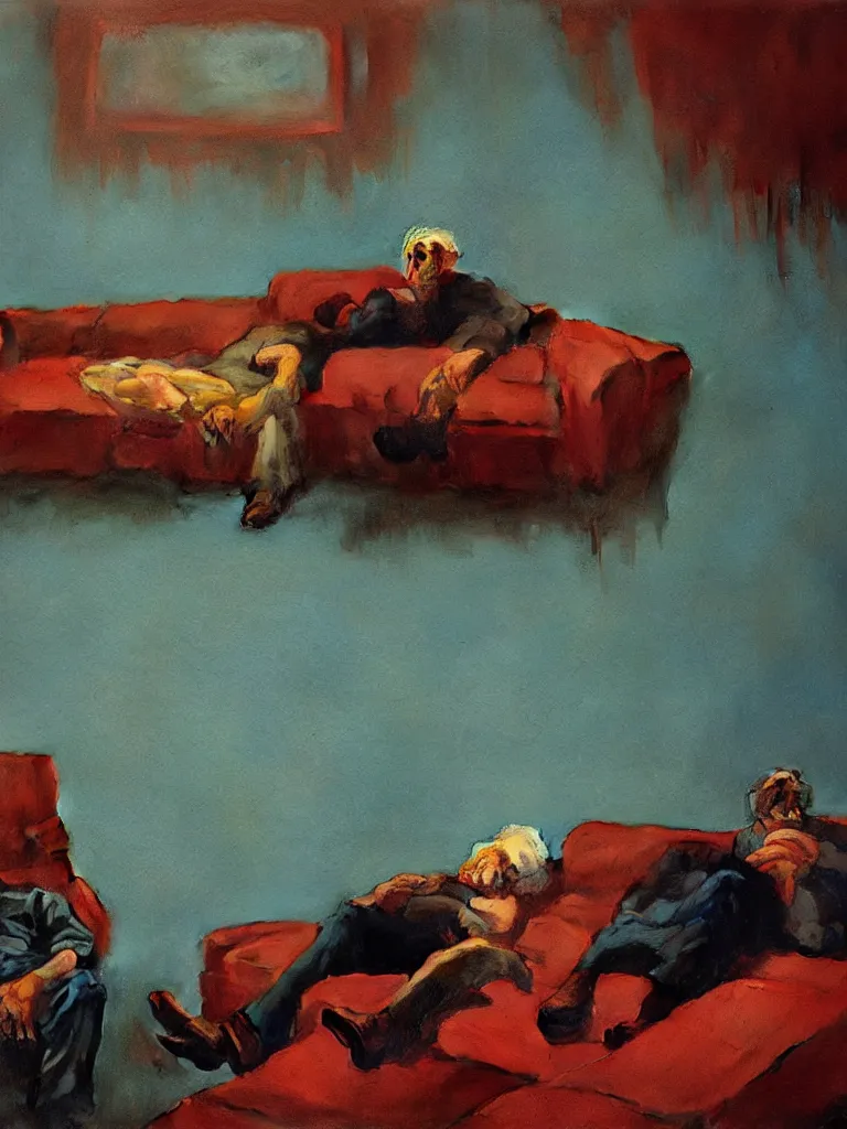 Prompt: old couple sleeping on a couch, psx game graphics , Beksinski painting, part by Adrian Ghenie