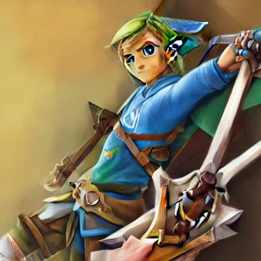 Prompt: Link proudly holding up the master sword, masterpiece, digital art, 8k , very detailed