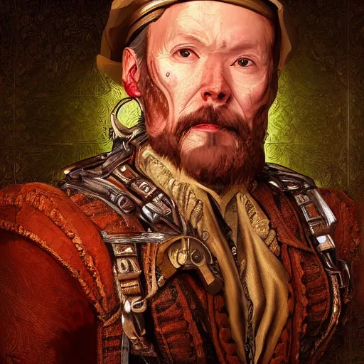 Image similar to portrait headshot digital painting of a old 17th century old cyborg merchant amber jewels baroque ornate clothing scifi hyper realistic