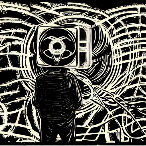 Image similar to Illustrated by Shepard Fairey and H.R. Giger | ((Cyberpunk Van Gogh with VR helmet, surrounded by cables))