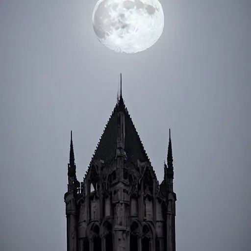 Image similar to Sprawling shot of a Vampire standing on top of a colossal gothic building, it is full moon and mist engulfed the streets; arstation, masquerade