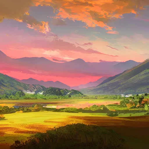 Image similar to A vast green landscape with a river running through it, a small village in the distance and a few mountains in the background. The sun is setting and the sky is ablaze with oranges, reds and yellows. A beautiful, serene and peaceful scene, digital painting, 4k, concept art, artstation, matte painting, by Yuji Kaneko