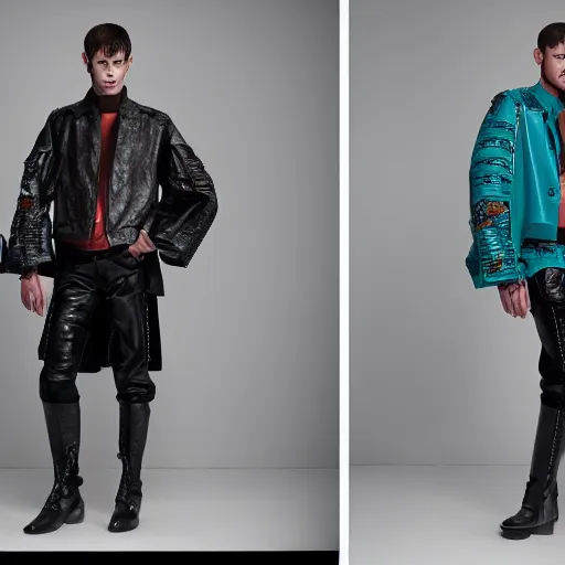 Prompt: an award - winning cropped editorial photo of a male model wearing a teal distressed baggy medieval leather menswear jacket by alexander mcqueen, 4 k, studio lighting, wide angle lens