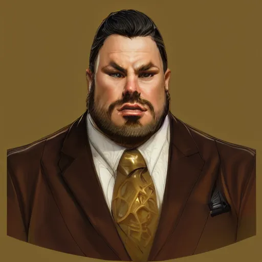 Image similar to a portrait of a short fat man with long curly black hair and a brown suit on viewing blueprints, D&D, sci-fi, elegant, hopeful, muscular, highly detailed, digital painting, artstation, concept art, smooth, sharp focus, illustration