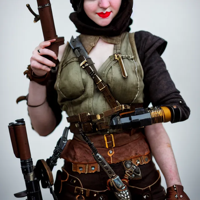 Image similar to photograph of a real - life very beautiful slim dieselpunk warrior. extremely detailed. dslr. 8 5 mm.