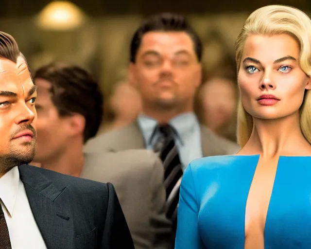 Prompt: leonardo dicaprio as the wolf of wall street next to beautiful margot robbie as naomi from the wolf of wall street, hyper realistic faces, cinematic, long shot, hyper detailed, 8 5 mm photograph, 8 k resolution, film still, sharp lens, wide lens