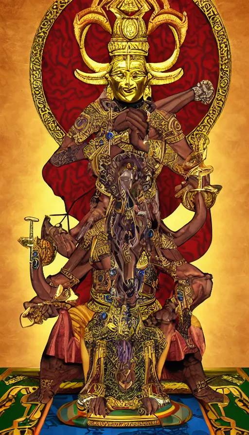 Image similar to the emperor, ram horns sprouting from his head, golden taurus, mars energy, ankh, wisdom, full body shot, sitting on a stone throne