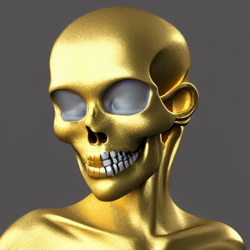 Prompt: half gold half marble statue of a beautiful skull woman, rendered in vray with realflow fluid simulations
