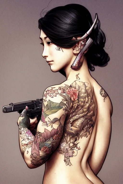 Image similar to tattooed yakuza girl holding a gun, intricate, elegant, highly detailed, digital painting, artstation, concept art, smooth, sharp focus, illustration, art by artgerm and greg rutkowski and alphonse mucha and william - adolphe bouguereau