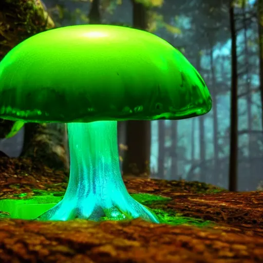 Prompt: a glowing mushroom made of green jello, gelatinous, growing in the forest, unreal engine