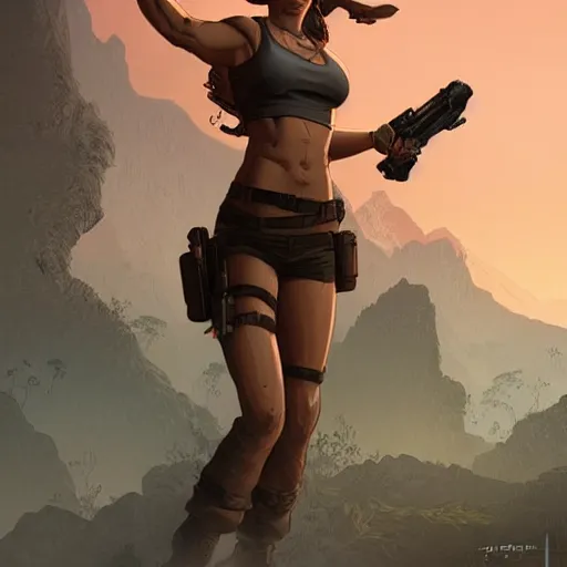 Image similar to portrait of lara croft. sharp focus, cinematic pose, cinematic lighting, unreal engine render. art by josan gonzales and moebius and deathburger.