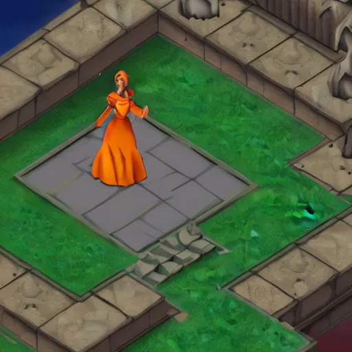 Image similar to a cel-shaded isometric in-game screenshot of Adele in Hades