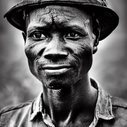 Prompt: black and white photo, portrait of Congo mineworker by Stephan vanfleteren, realistic, Leica, medium format, cinematic lighting, parallax, high resolution,