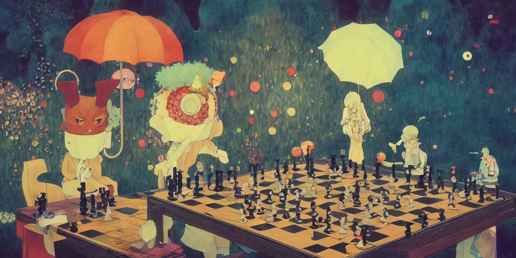 Image similar to cute anime monsters playing chess by Klimt and Goro Fujita and Simon Stalenhag and Kandinsky and Magritte, 8k, trending on artstation, hyper detailed, cinematic