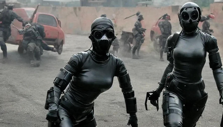 Prompt: ( 2 ) big budget action movie where beautiful female cyborgs in rubber suits and gas masks fight each other in a bloody war
