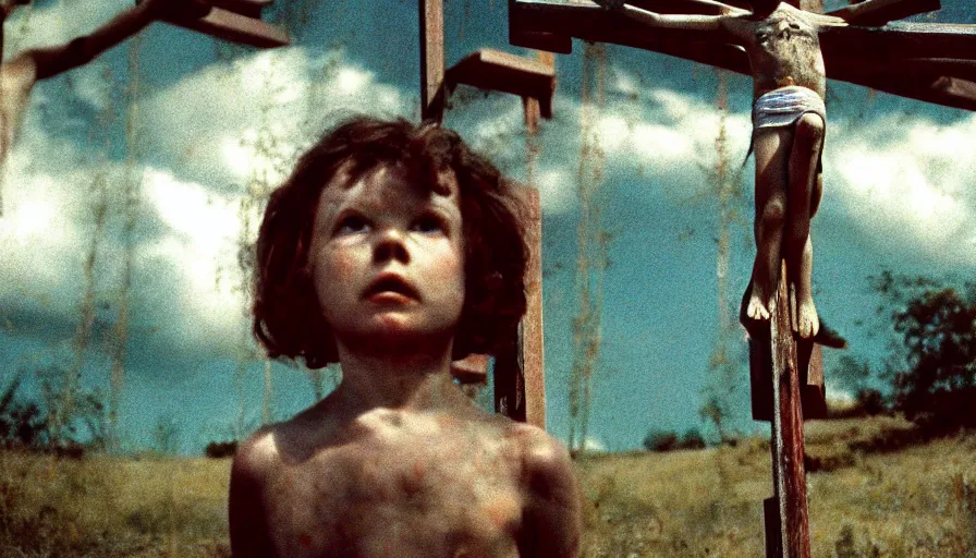 Prompt: 7 0 s film still from a horror movie about crucified children, kodachrome, cinecolor, cinestill, film grain, film texture, retro, cinematic, high resolution, photorealism,