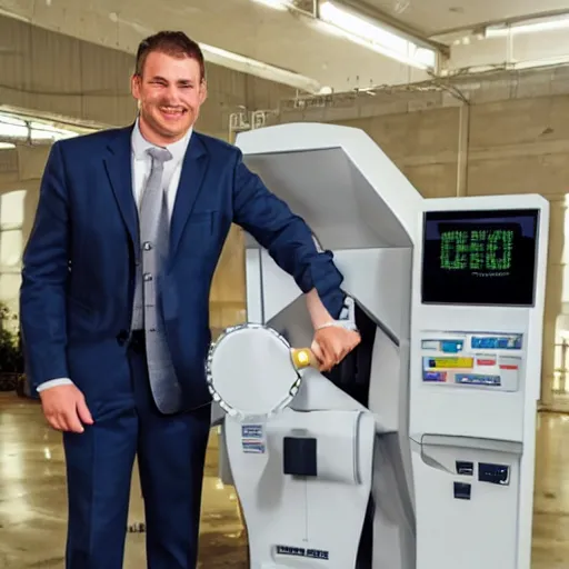 Image similar to happy man in a suit with machine that throws money