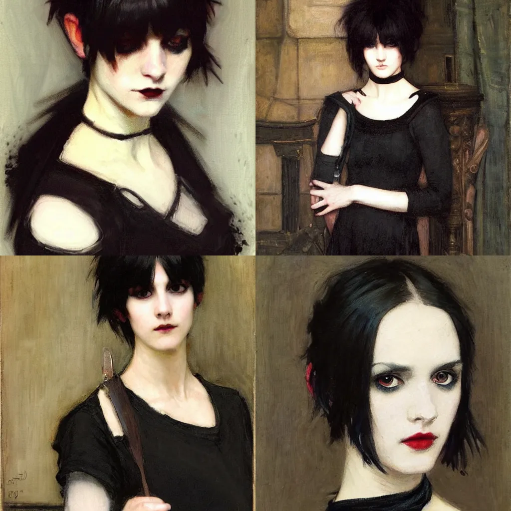 Prompt: a goth portrait painted by john william waterhouse. her hair is dark brown and cut into a short, messy pixie cut. she has a slightly rounded face, with a pointed chin, large entirely - black eyes, and a small nose. she is wearing a black tank top, a black leather jacket, a black knee - length skirt, a black choker, and black