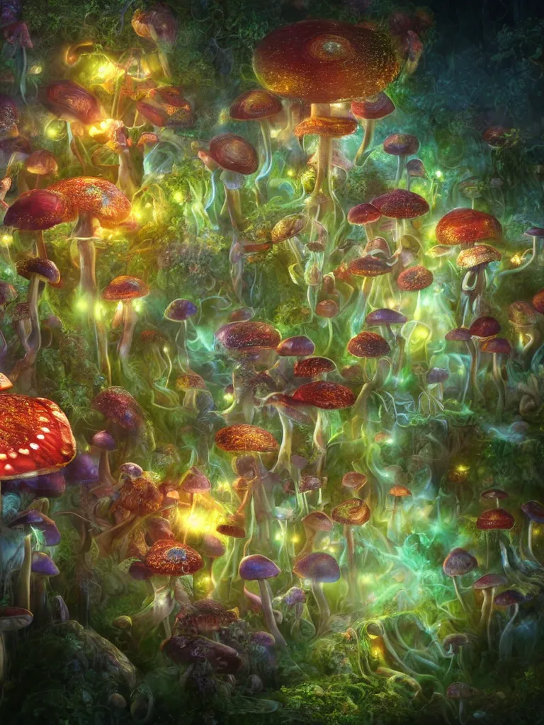 Prompt: fairy's dance in delight around a complex psychedelic engine creating mushrooms, by brian froud, octane render, 8 k, beautifully lit