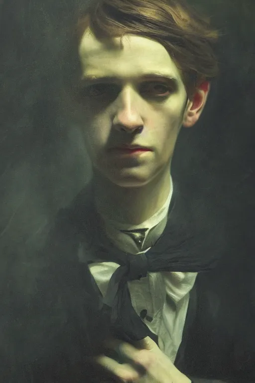 Image similar to detailed cinematic moody colors studio portrait of a possesed young victorian gentleman being controlled like a puppet, creepy evil vibe, high quality by jeremy mann, only one head single portrait