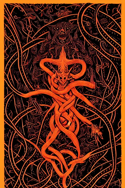 Prompt: photograph of the devil wrapped in vines + black paper + elements + red + gold + neon + baroque + rococo + white + orange+ ink + tarot card with ornate border frame + marc Simonetti, paul pope, peter mohrbacher, detailed, intricate ink illustration, global illumination, 8k resolution, satanic, dripping colors, occult symbols hidden, RPG portrait, dynamic lighting
