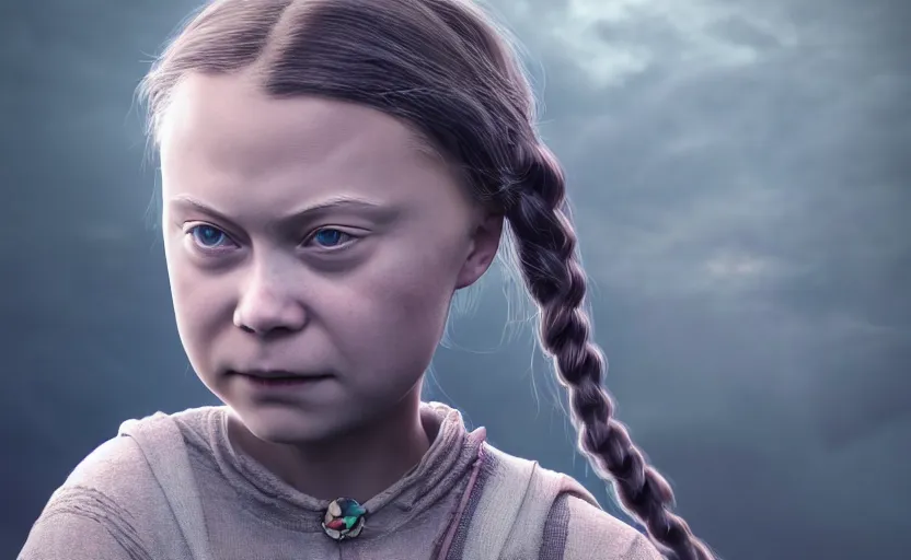 Image similar to a portrait of greta thunberg in the style of hans zatzka, high details, cinematic, 8 k resolution, beautiful detailed, artstation trending, octane render, unreal engine