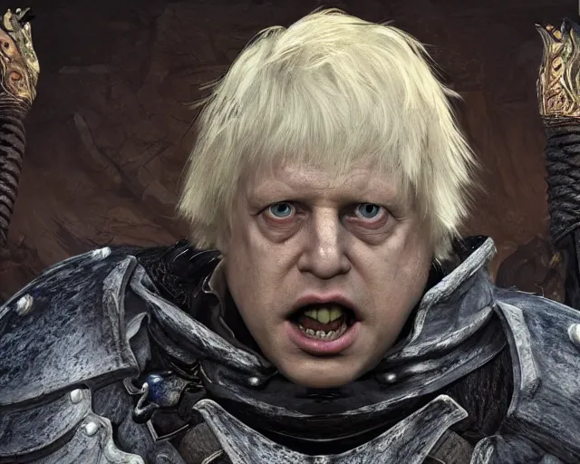 Image similar to boris johnson in dark souls, character art, by various concept artists, redshift render, hyperrealistic face, photorealistic render